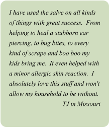 I have used the salve on all kinds of things with great success.  From helping to heal a stubborn ear piercing, to bug bites, to every kind of scrape and boo boo my kids bring me.  It even helped with a minor allergic skin reaction.  I absolutely love this stuff and won't allow my household to be without.  TJ in Missouri